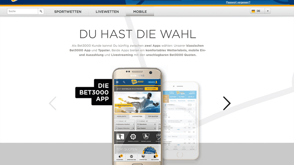 Bet3000 App für iPhone und Android