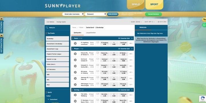 Sunnyplayer Sportwetten Bundesliga Wetten