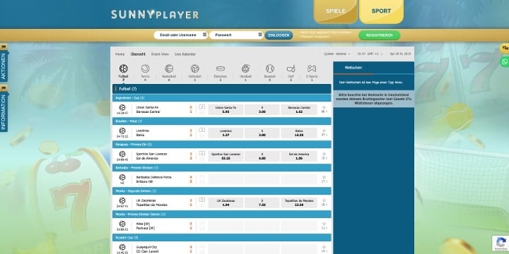 Sunnyplayer Sportwetten Live Wetten