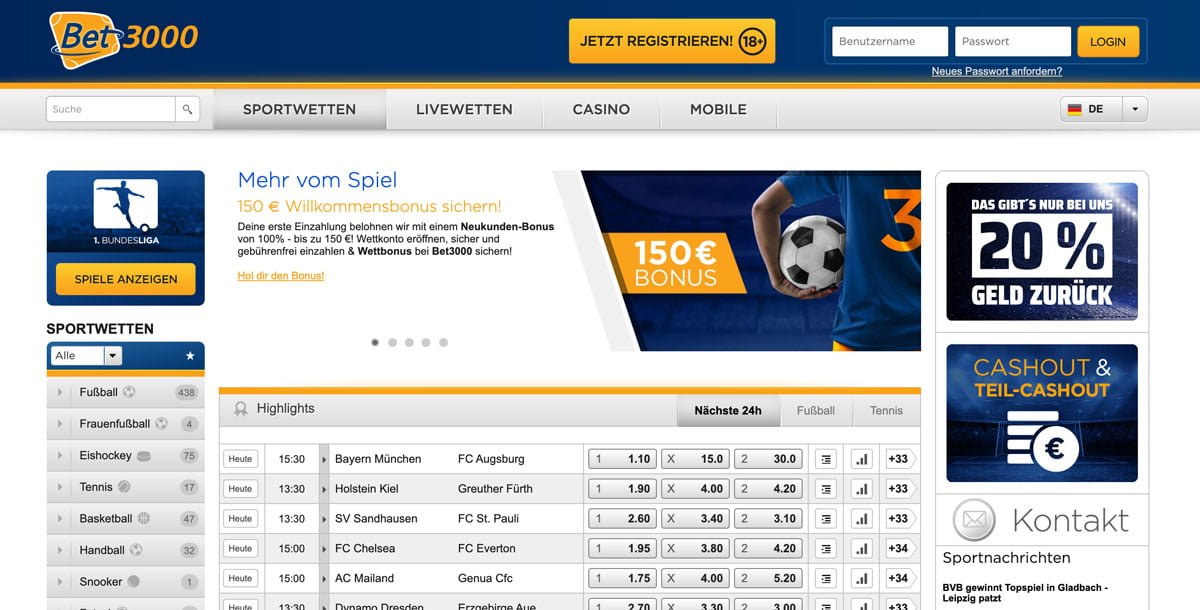 Bet3000 Bonus 🥇 150€ Bonus + 20 Cashback