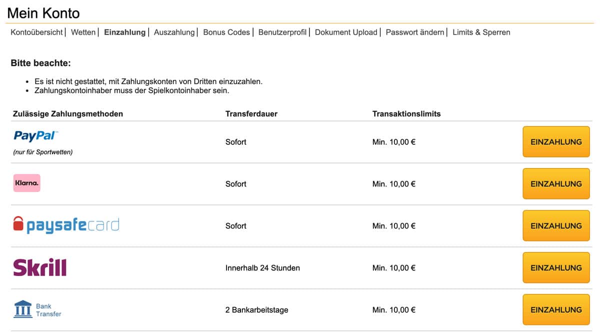 Bet3000 Zahlungen