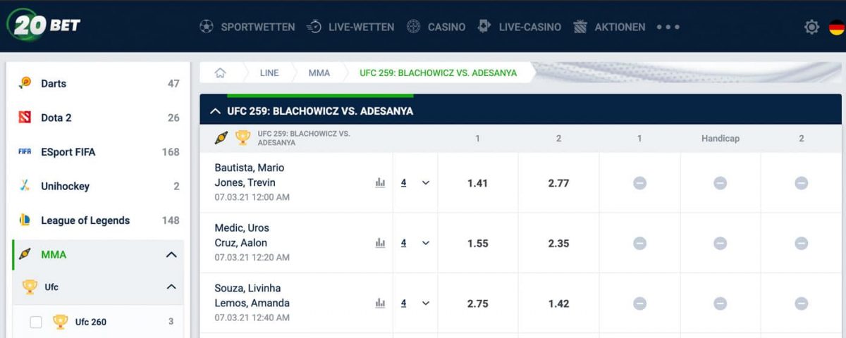 20Bet MMA Wetten