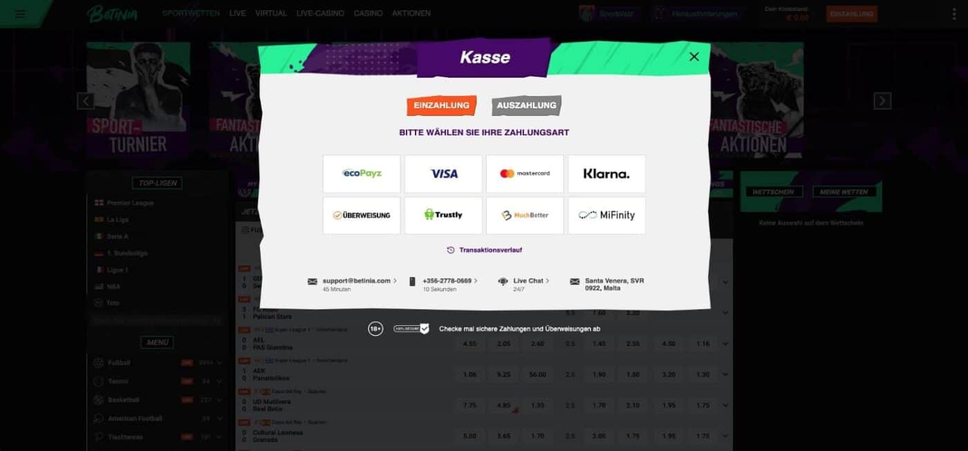 Betinia Sportwetten Zahlungen