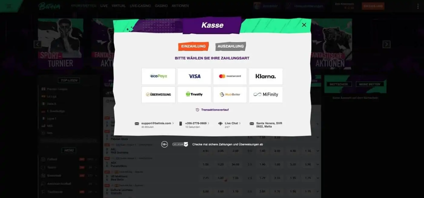 Betinia Sportwetten Zahlungen