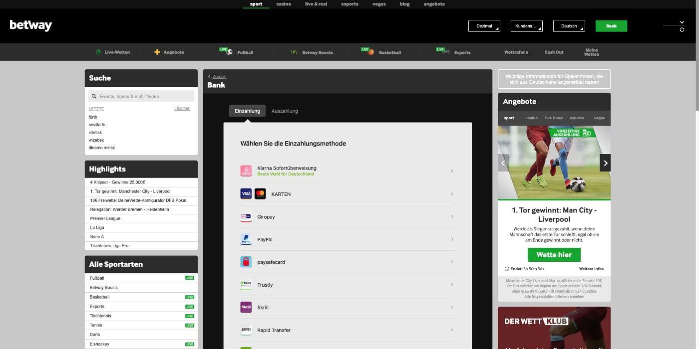 Betway Zahlungen