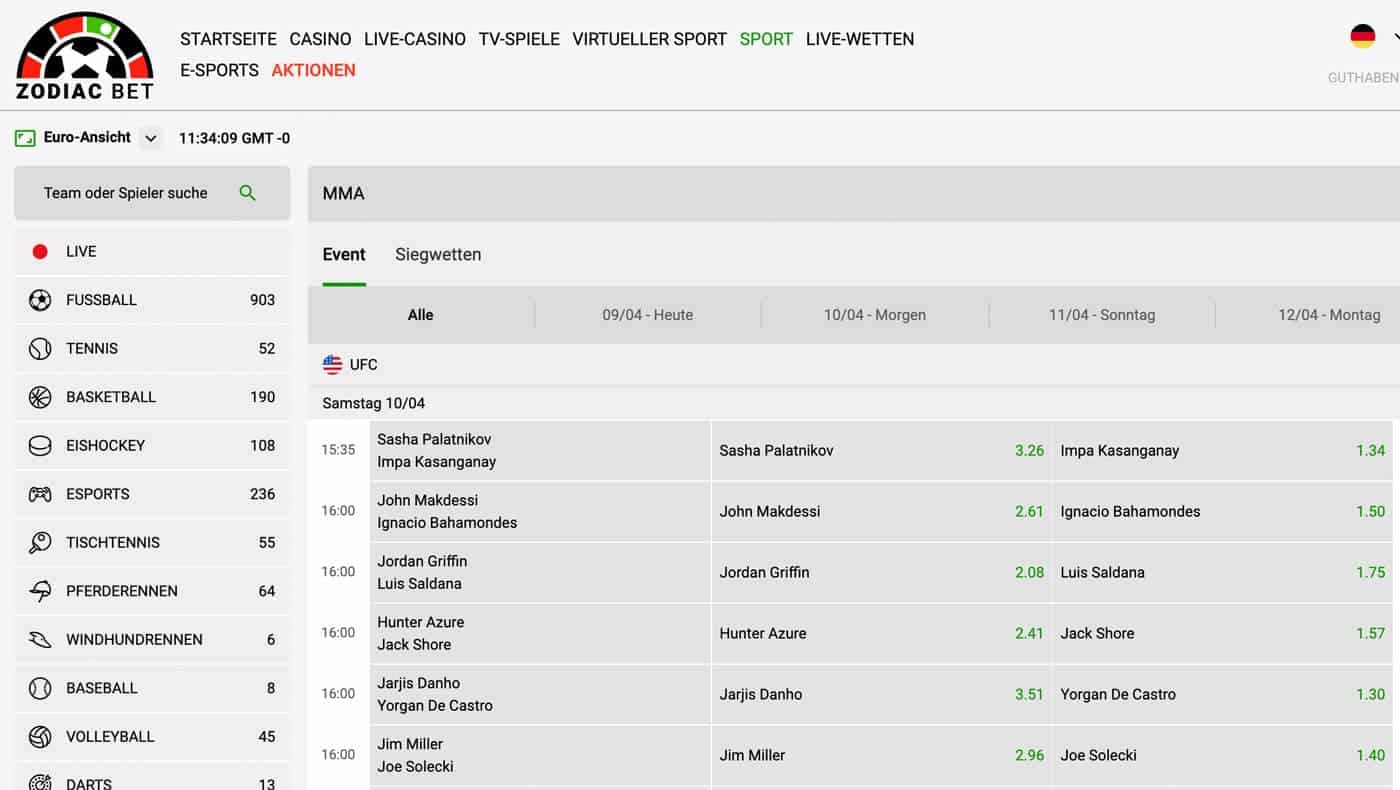 Zodiac Bet UFC Sportwetten