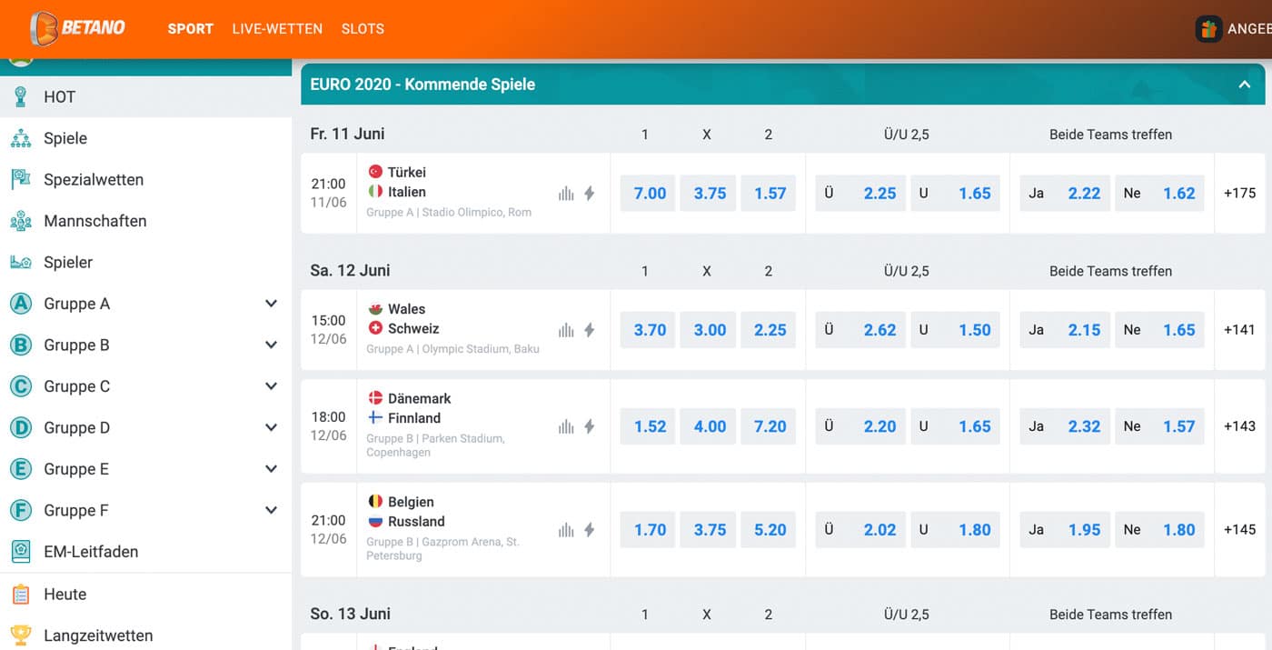 EM 2021 Sportwetten Betano