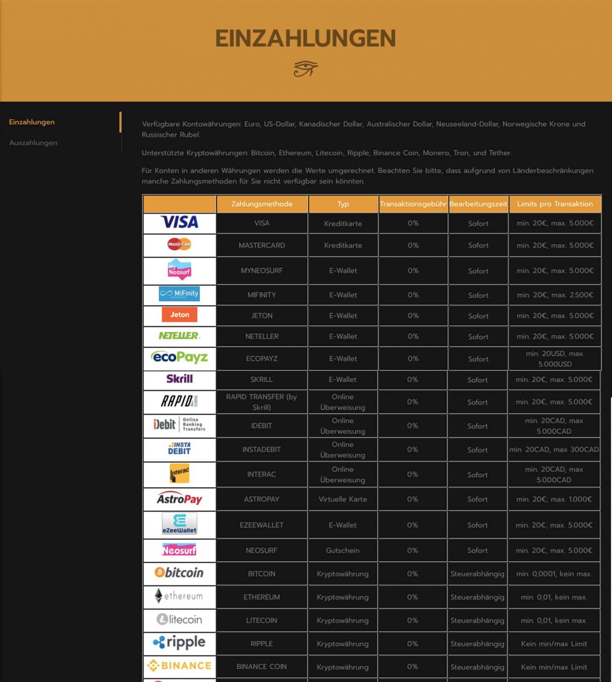 Horus Casino Einzahlung