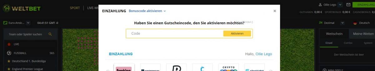 weltbet bonus code eingabe