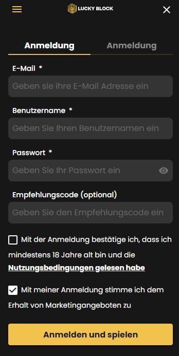 Lucky Block Anmeldung