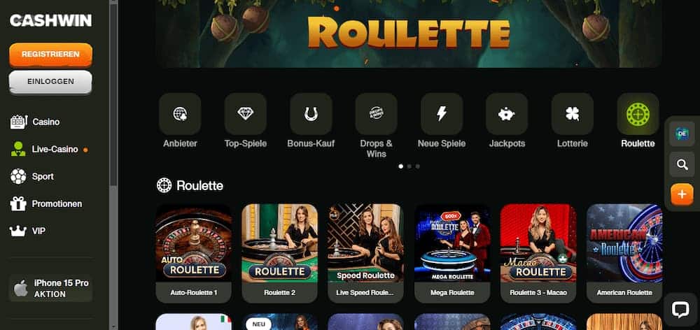 CashWin Casino Online roulette