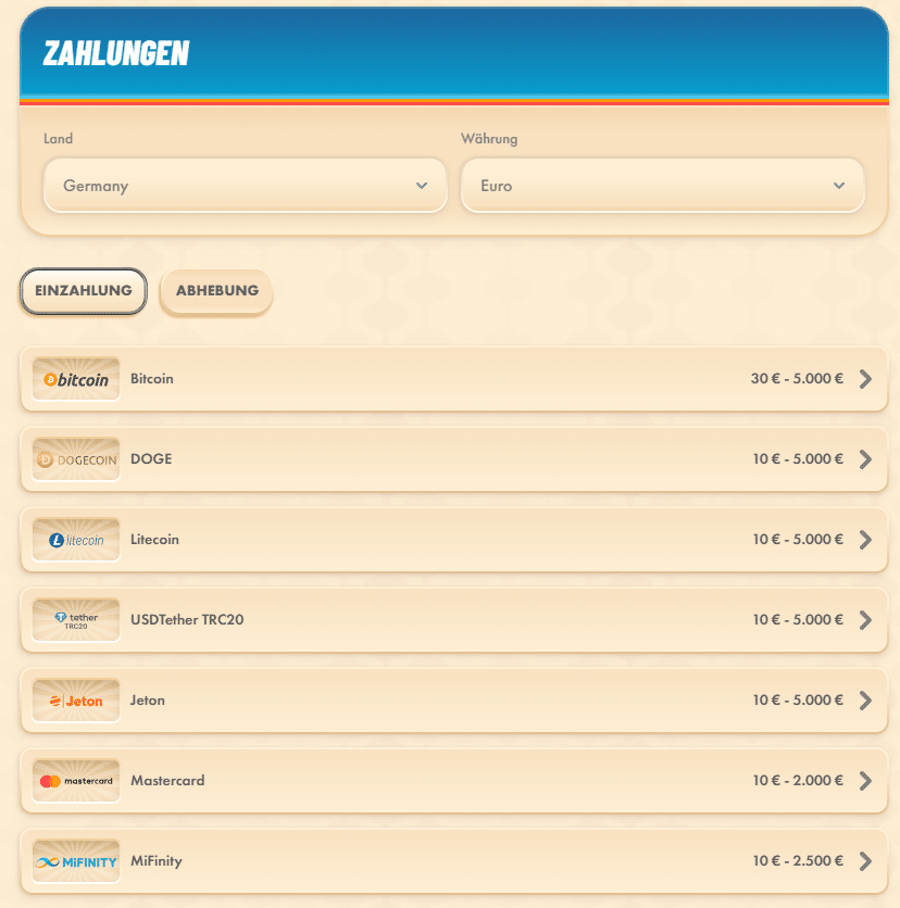 Vegasino Zahlungen