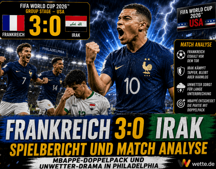 Frankreich vs Irak 3:0 – Spielbericht und Match Analyse – Mbappé-Doppelpack und Unwetter-Drama in Philadelphia