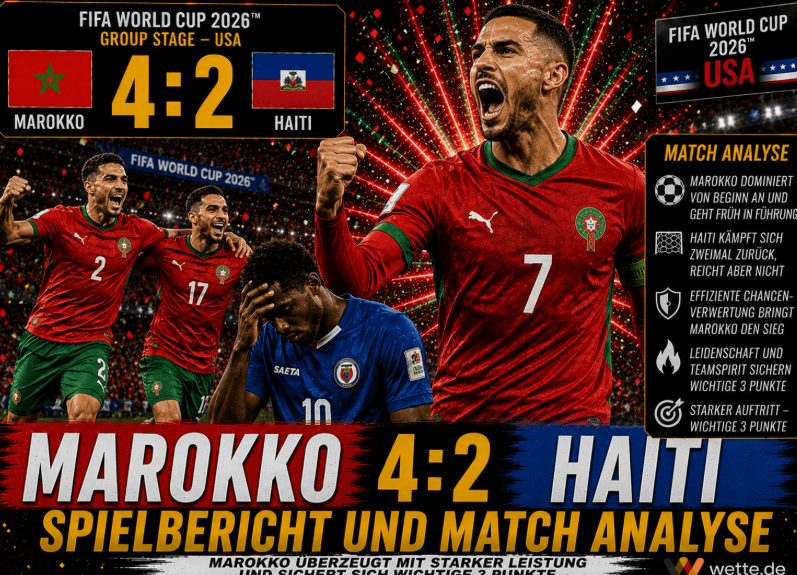 Marokko vs Haiti 4:2 – Spielbericht und Match Analyse – Atlas-Löwen drehen irres Spiel und ziehen ins Achtelfinale