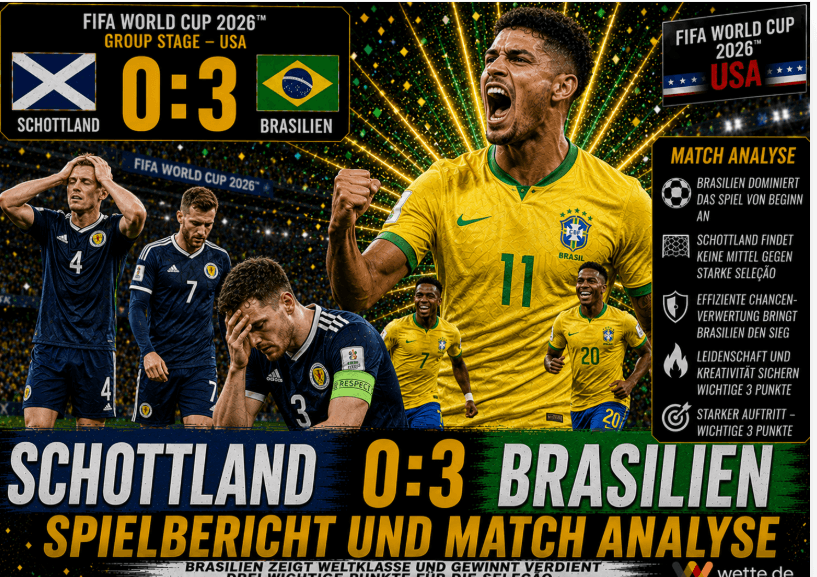 Schottland vs Brasilien 0:3 – Spielbericht und Match Analyse – Vinícius dominiert, Brasilien marschiert ins Achtelfinale