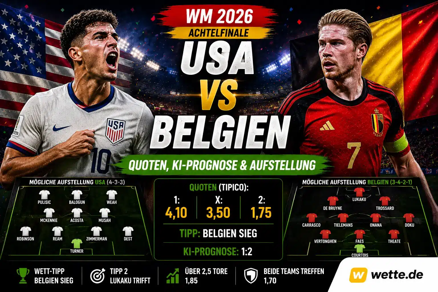 USA gegen Belgien: Quoten, KI-Prognose, Aufstellung und Wetten zum WM-Achtelfinale