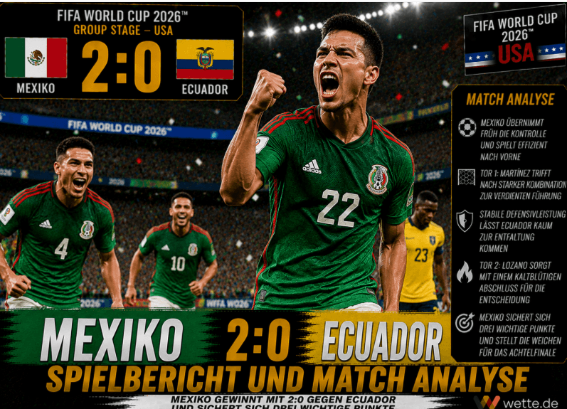 Mexiko – Ecuador 2:0 Spielbericht WM 2026: El Tri zieht souverän ins Achtelfinale ein