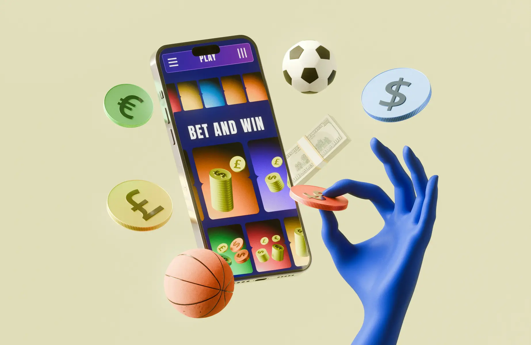 Eine stilisierte 3D-Darstellung eines Smartphones mit einer Sportwetten-App, umgeben von Münzen und Bällen.